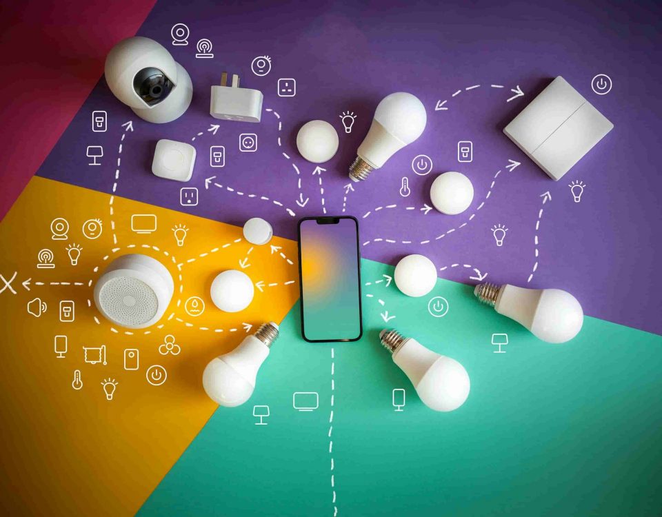 Ein Smartphone umgeben von vielen IoT (oder Internet of Things) Produkten wie smarte Glühbirnen, Überwachungskameras, Lautsprecher & Steckdosen.
