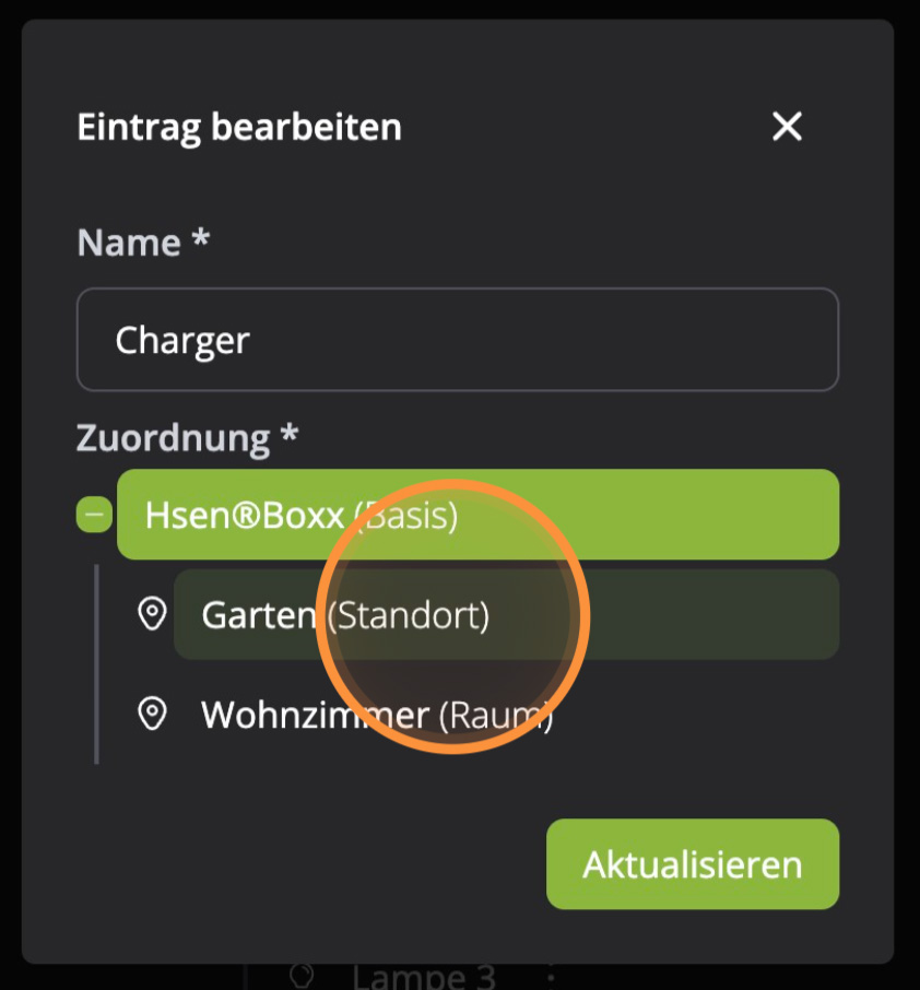 Hosenso Objektstruktur Dialog Eintrag bearbeiten mit Auswahl Garten als Standort für den Charger