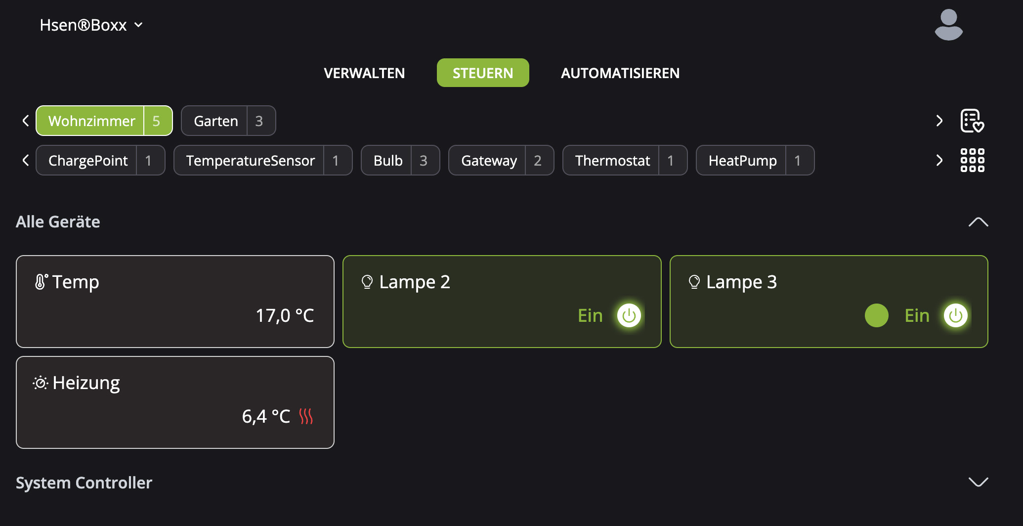 Hosenso Objektstruktur gefiltert im Steuern Reiter nach Gerätetypen und Räumen