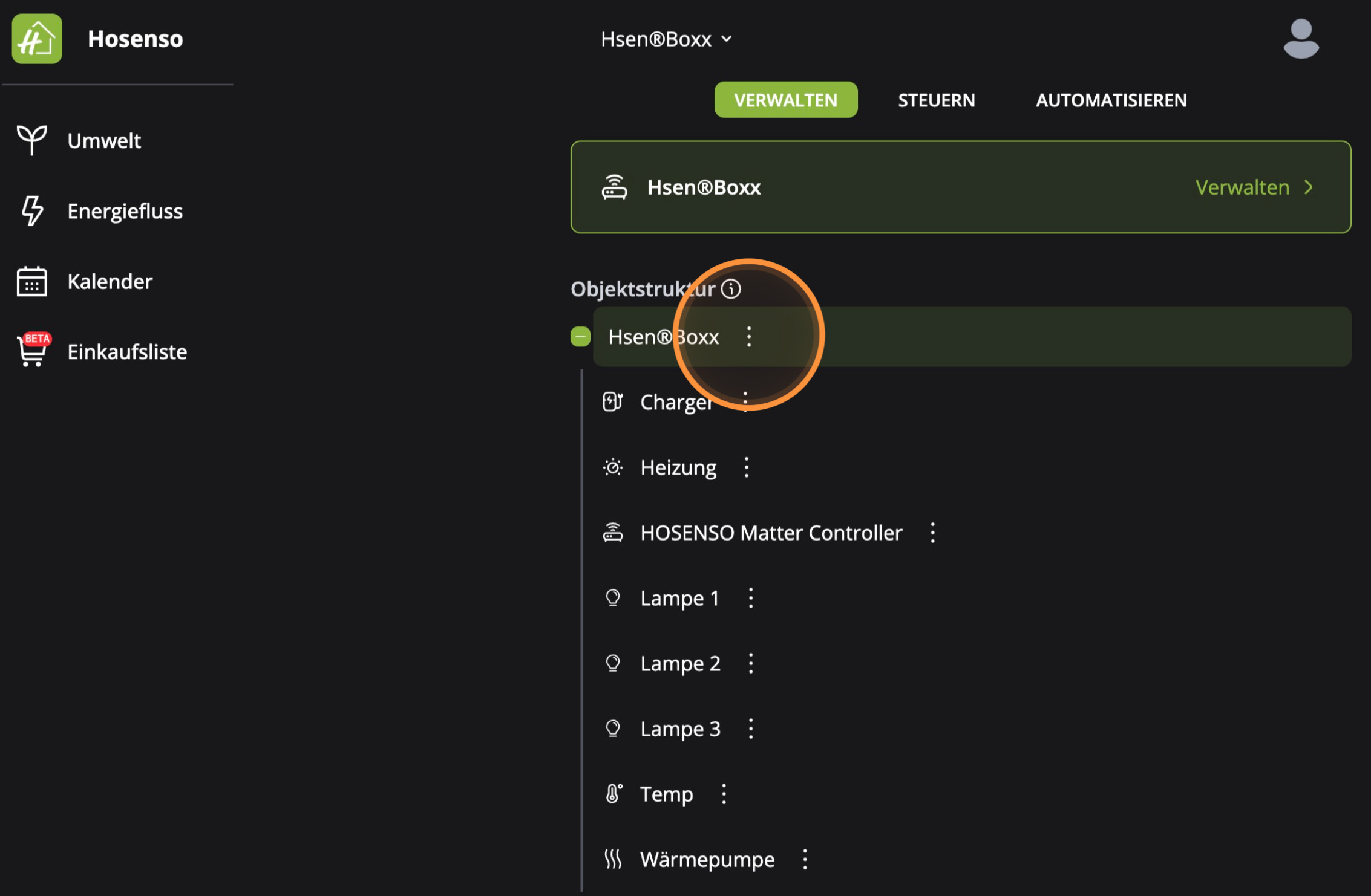 Hosenso Objektstruktur Verwalten Reiter mit Drei Punkte Menü auf der Hsen Boxx