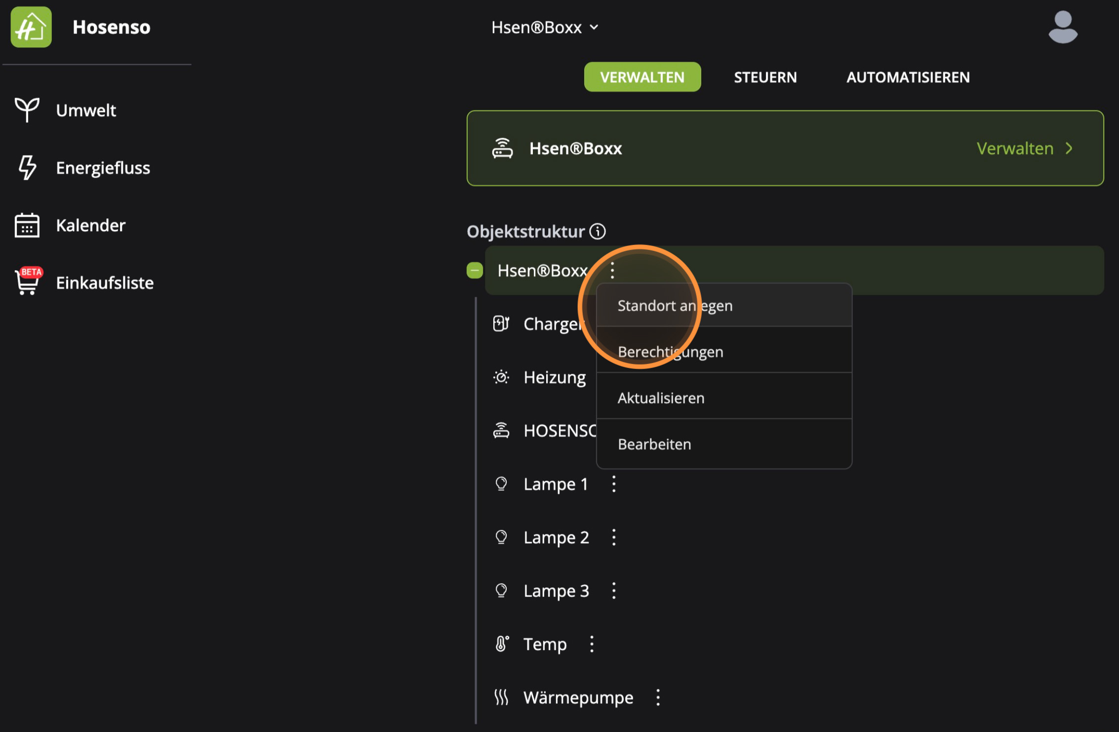 Hosenso Objektstruktur Dropdown mit Standort anlegen Berechtigungen Aktualisieren Bearbeiten