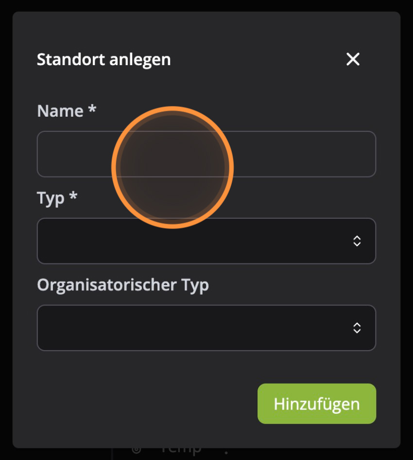 Hosenso Objektstruktur Dialog Standort anlegen mit leerem Namensfeld