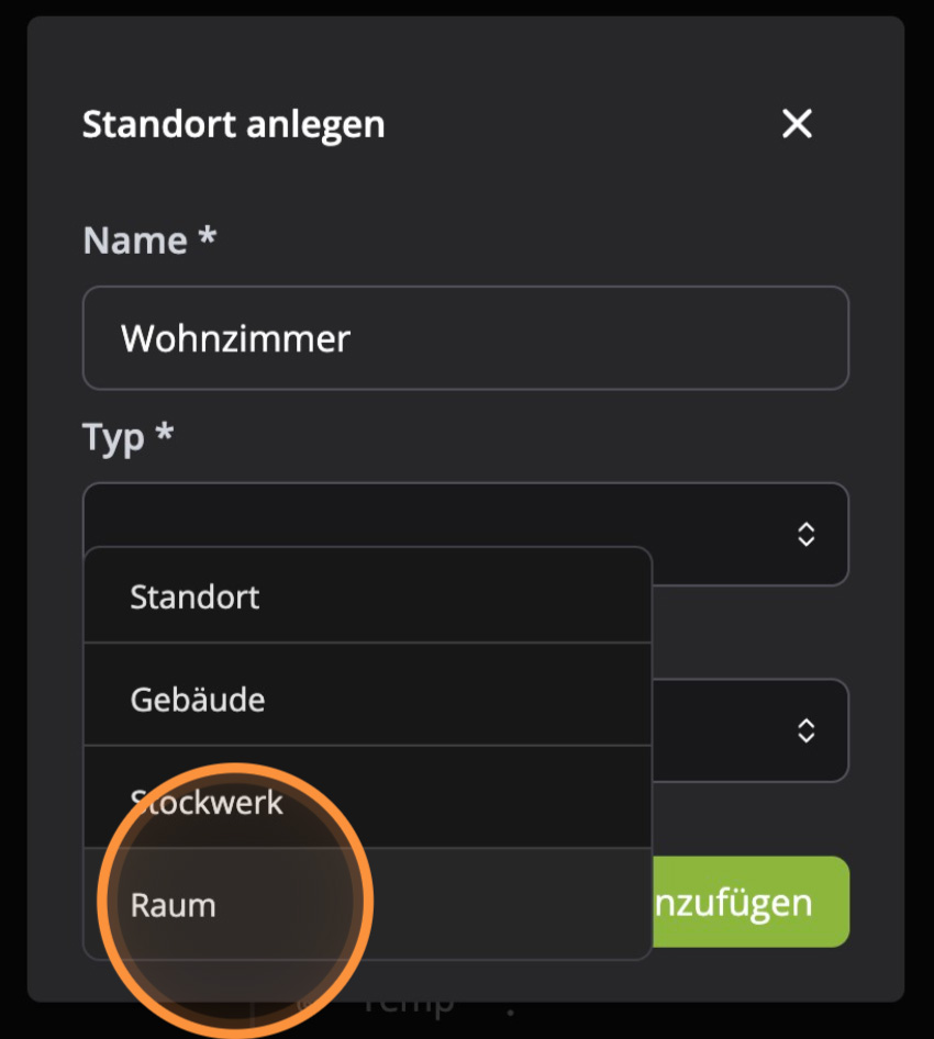 Hosenso Objektstruktur geöffnetes Typ Dropdown mit Auswahl Standort Gebäude Stockwerk und Raum