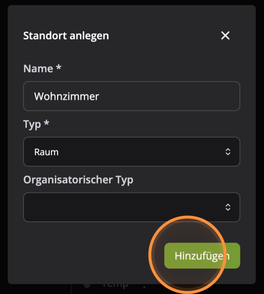 Hosenso Objektstruktur Wohnzimmer als Raum anlegen mit Hinzufügen Button