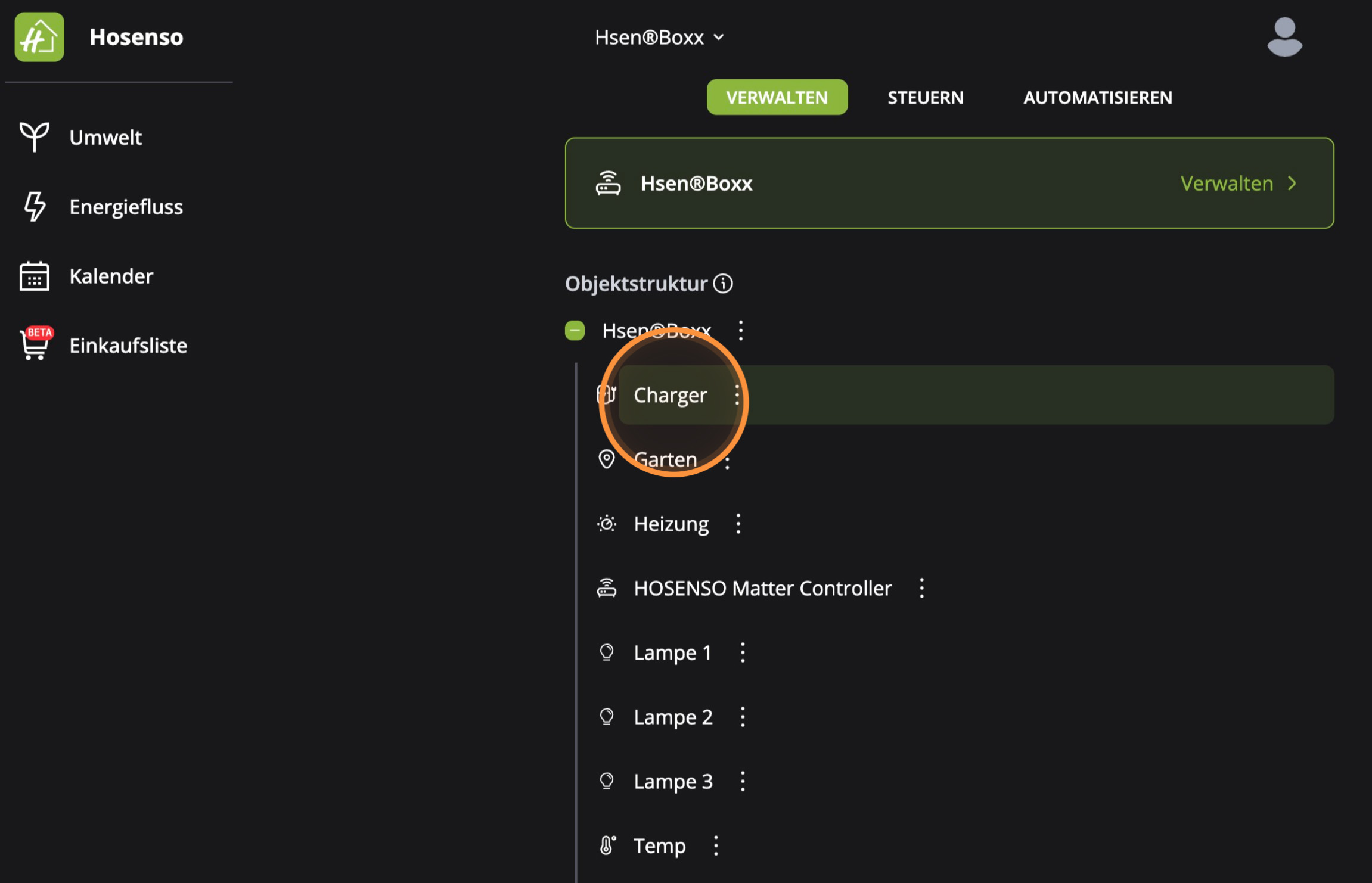 Hosenso Objektstruktur Charger in der flachen Struktur ohne Raumzuordnung