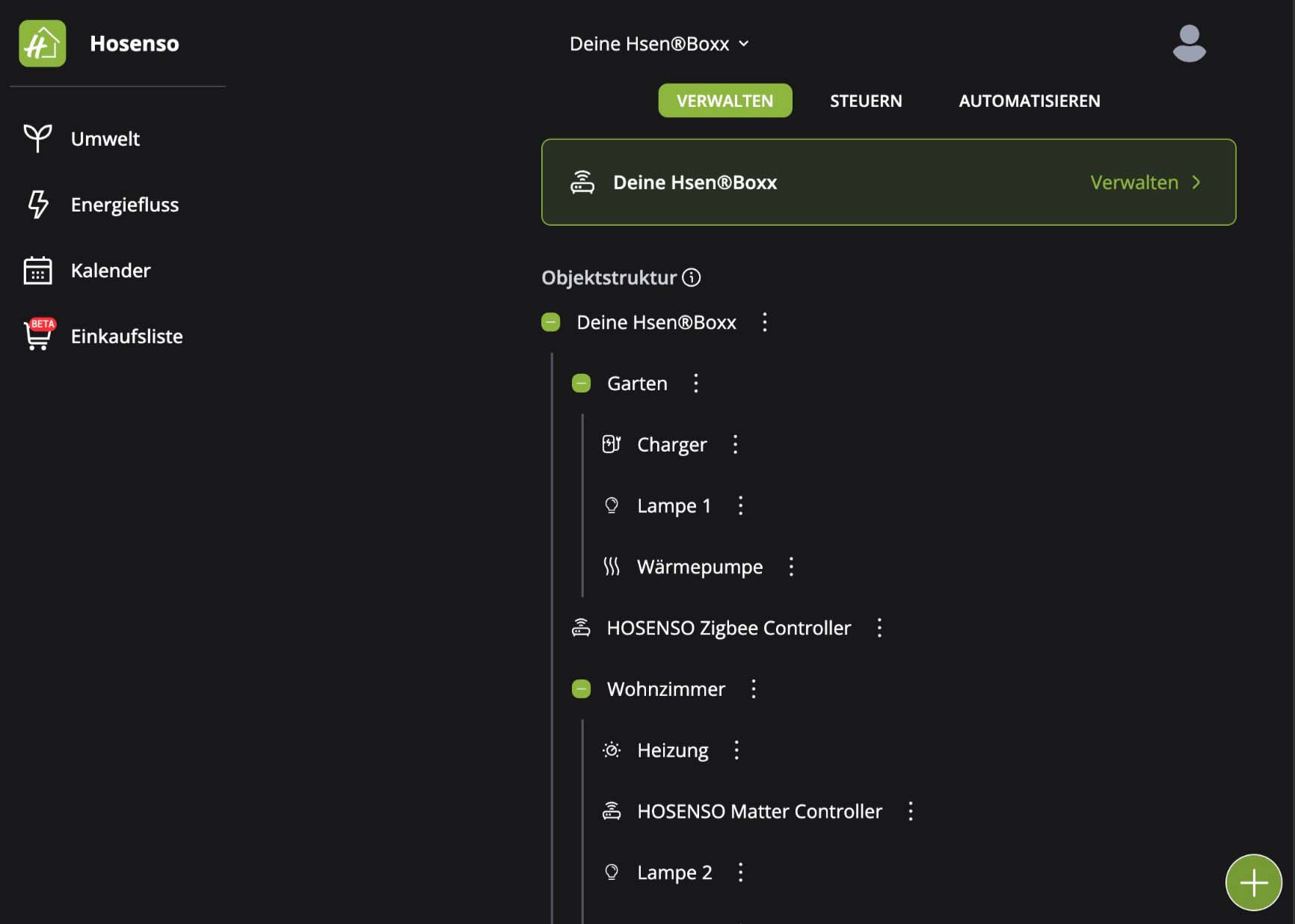 Hosenso App Verwalten Ansicht mit Objektstruktur und bereits eingebundenen Geraeten in Garten und Wohnzimmer