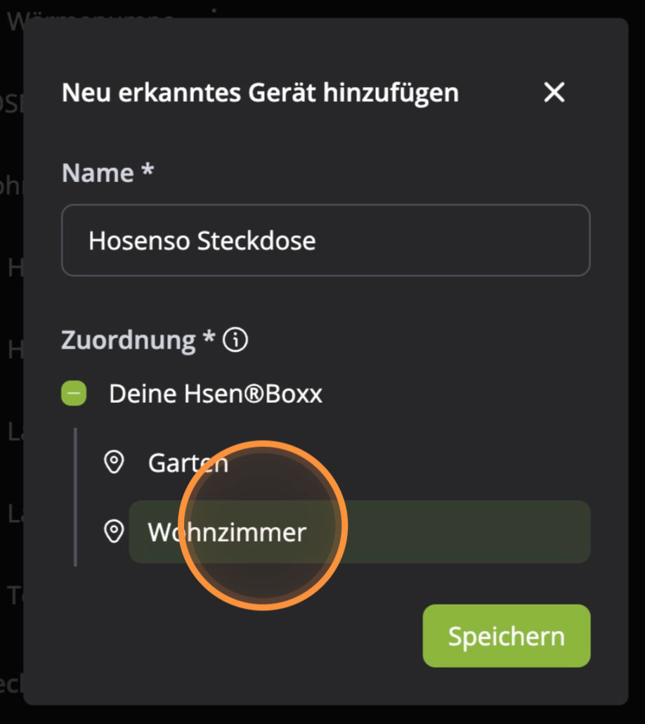 Hosenso App Raum Zuordnung im Detail mit Wohnzimmer als Auswahl markiert