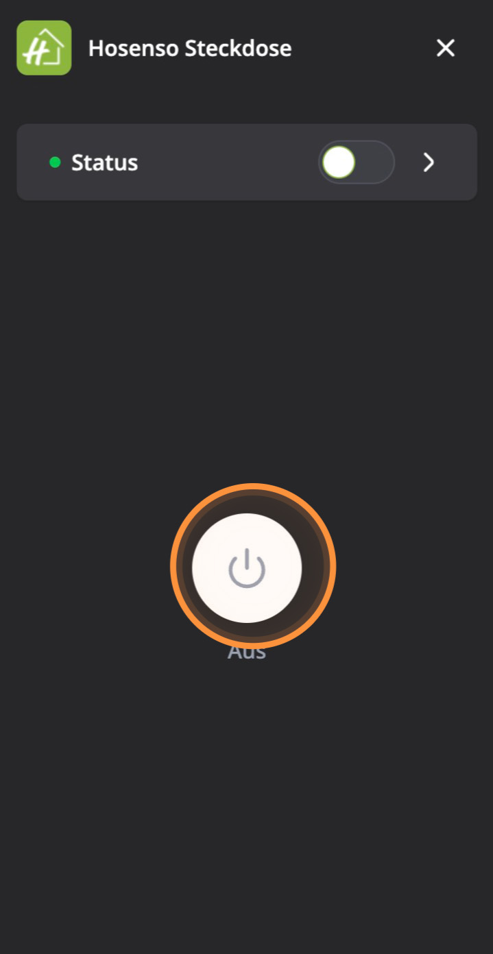 Hosenso App Steckdose Detailansicht mit Status Schalter und grossem Power Button zum Ein und Ausschalten