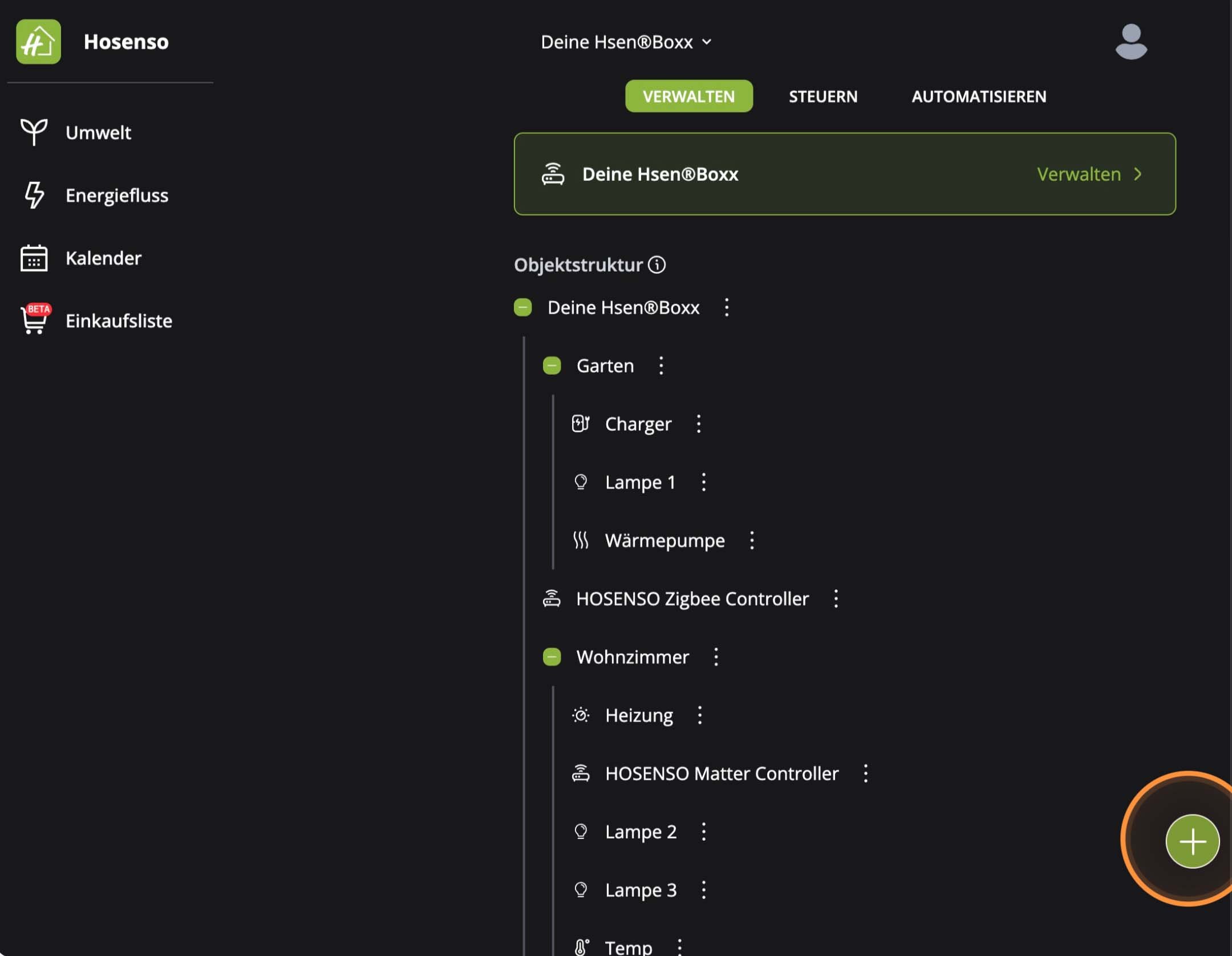Hosenso App Plus Button rechts unten zum Hinzufuegen eines neuen Geraets markiert