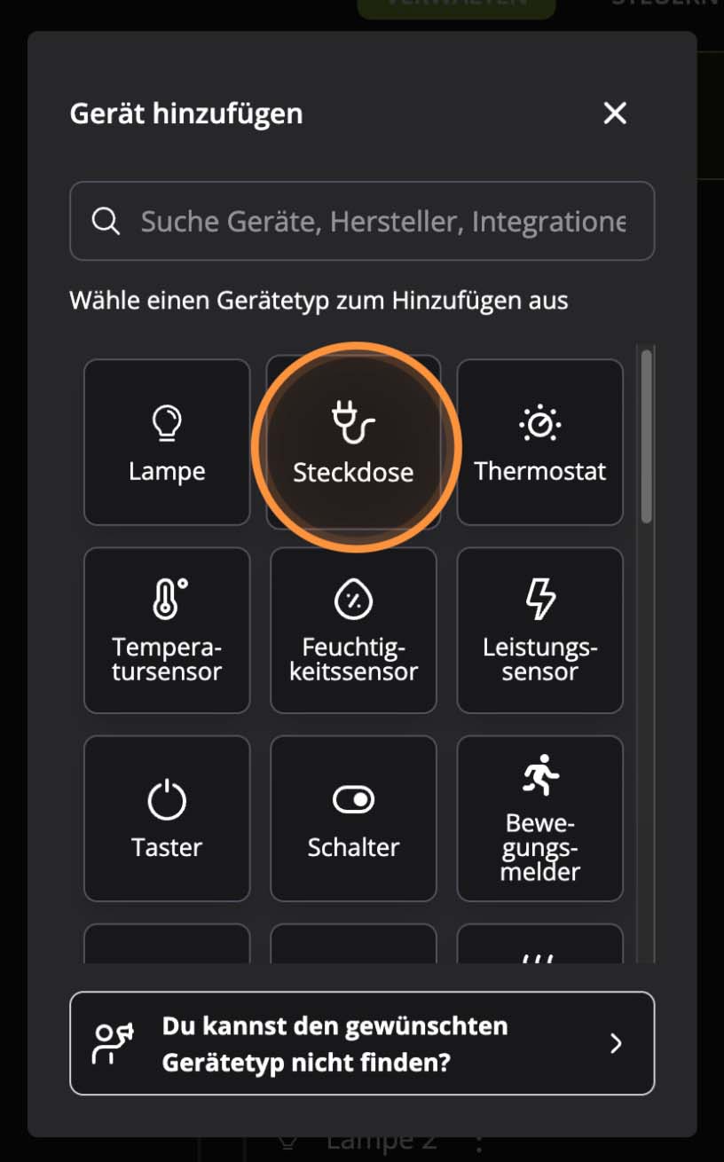 Hosenso App Geraetetyp Auswahl mit Steckdose markiert neben Lampe Thermostat und weiteren Geraetetypen