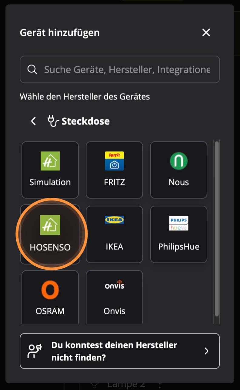 Hosenso App Hersteller Auswahl mit HOSENSO markiert neben FRITZ Nous IKEA PhilipsHue OSRAM und Onvis
