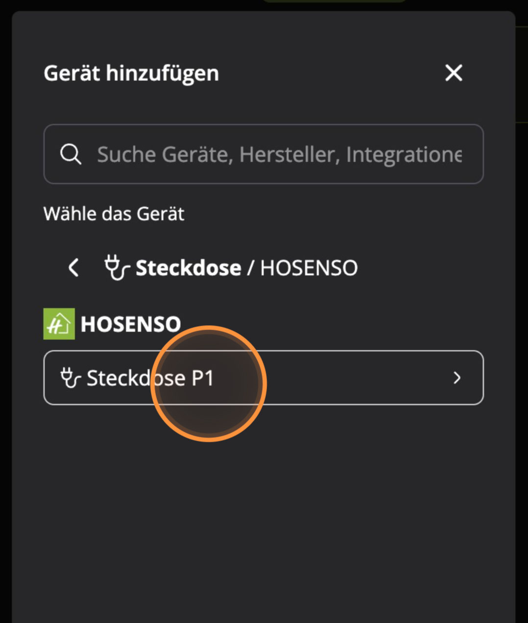 Hosenso App Modell Auswahl Steckdose P1 von HOSENSO markiert