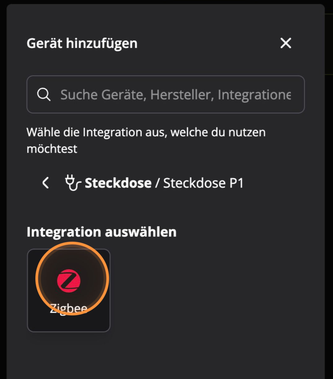 Hosenso App Integration Auswahl mit Zigbee markiert fuer die Steckdose P1