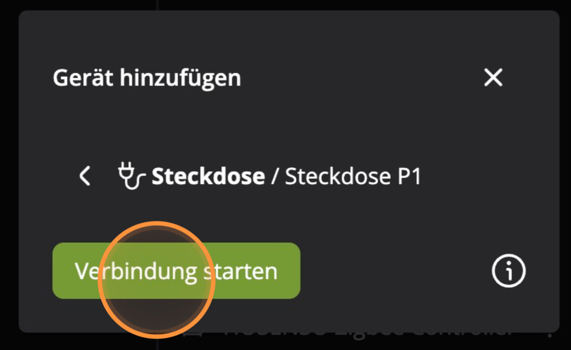 Hosenso App Verbindung starten Button gruen markiert mit Info Icon daneben
