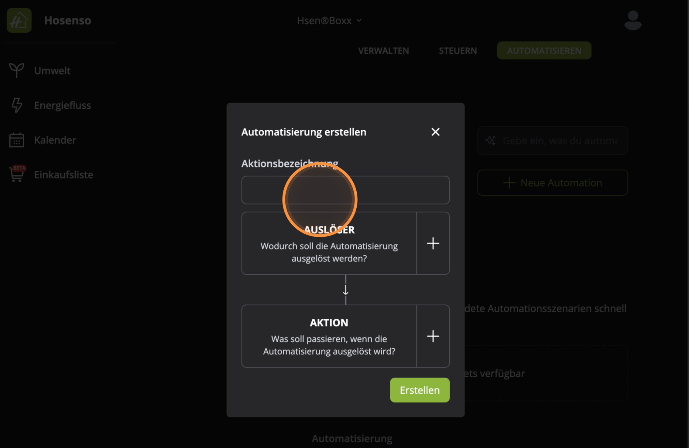 Neue Automatisierung Hosenso App mit Aktionsbezeichnung Auslöser und Aktion