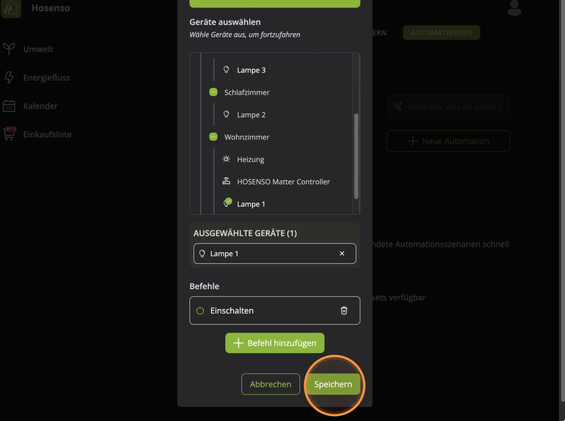 Abschluss der Gerätesteuerung mit Einschalten-Befehl und Speichern-Button