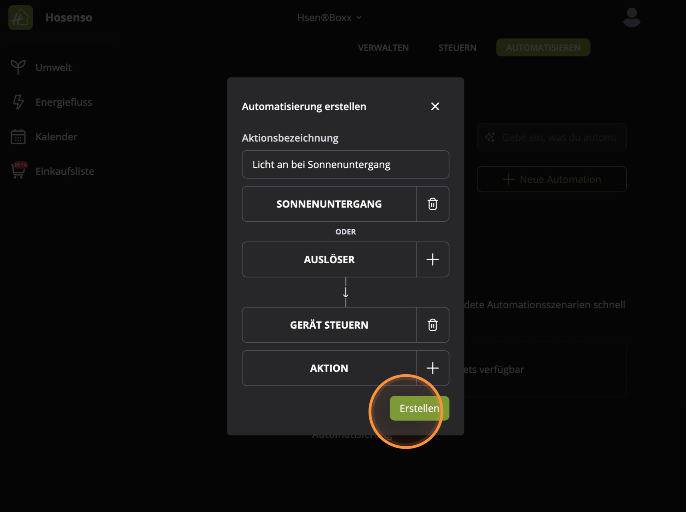 Fertige Automatisierung Hosenso App mit Sonnenuntergang als Auslöser und Gerät steuern als Aktion