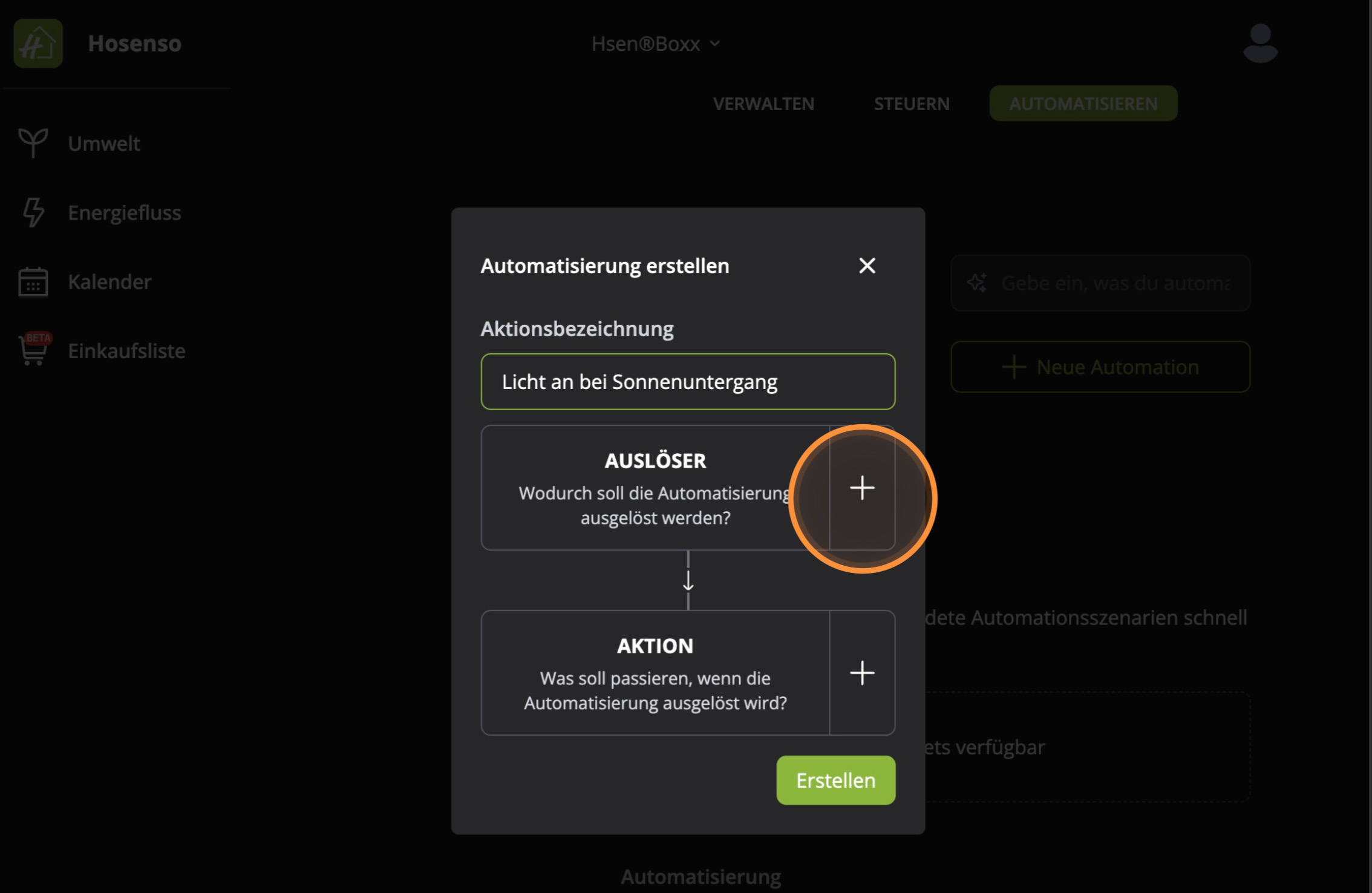 Automatisierung Hosenso App mit eingetragenem Namen Licht an bei Sonnenuntergang und markiertem Plus beim Auslöser