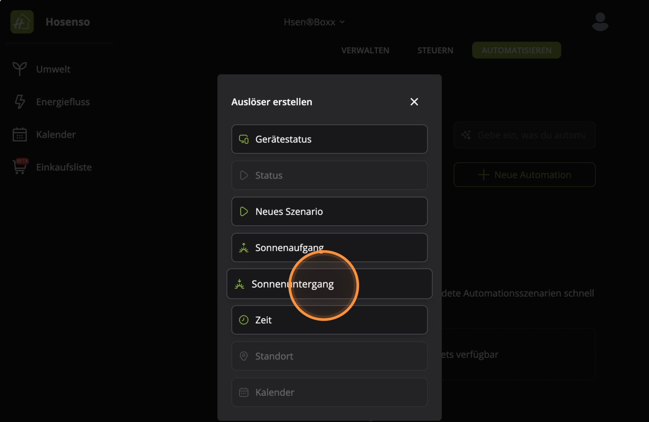 Auslöser-Auswahl für die Automatisierung Hosenso App mit Optionen Gerätestatus Sonnenaufgang Sonnenuntergang Zeit Standort Kalender