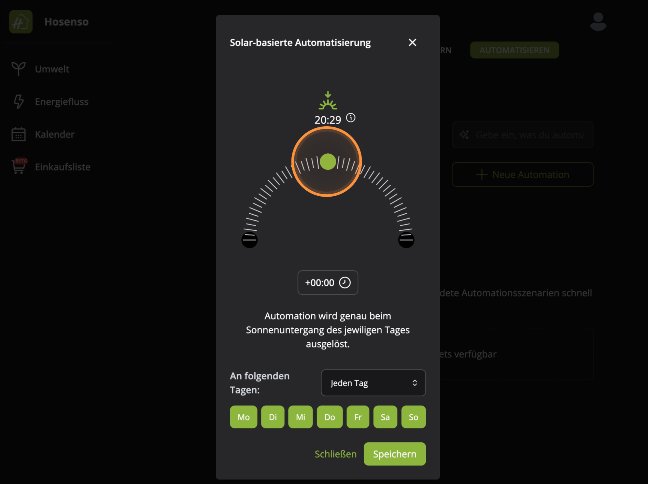 Solar-basierte Automatisierung Hosenso App mit Schieberegler für Sonnenuntergangszeit und Wochentagsauswahl