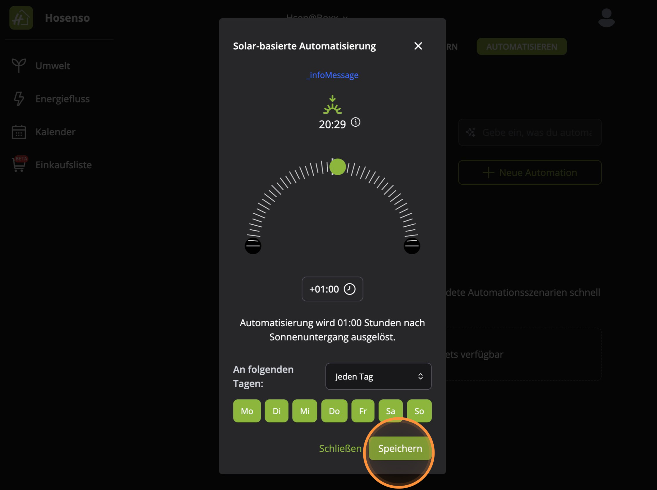 Automatisierung Hosenso App mit Sonnenuntergang Zeitversatz +01:00 und Speichern-Button