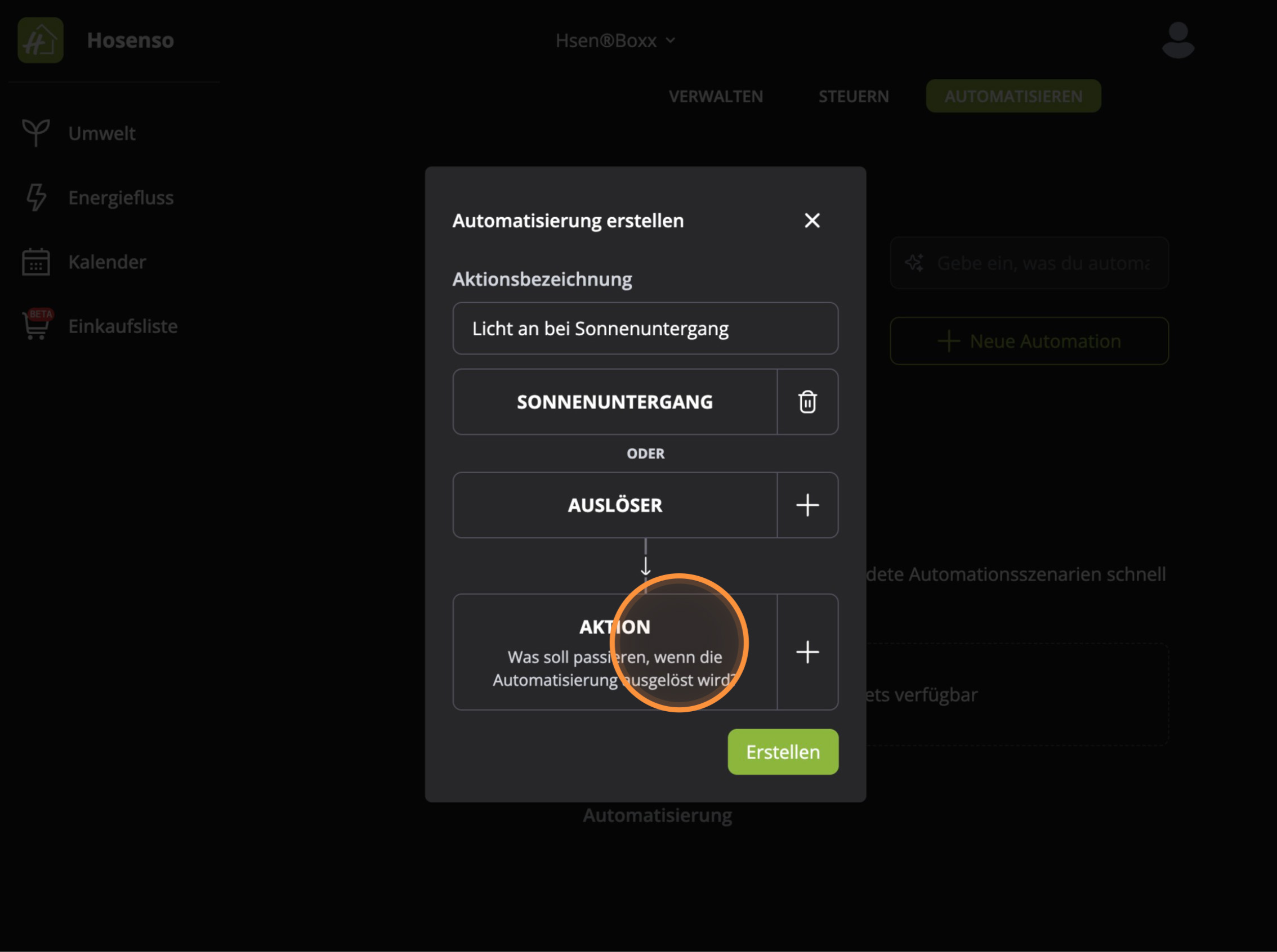 Automatisierung Hosenso App mit hinterlegtem Auslöser Sonnenuntergang und offener Aktion