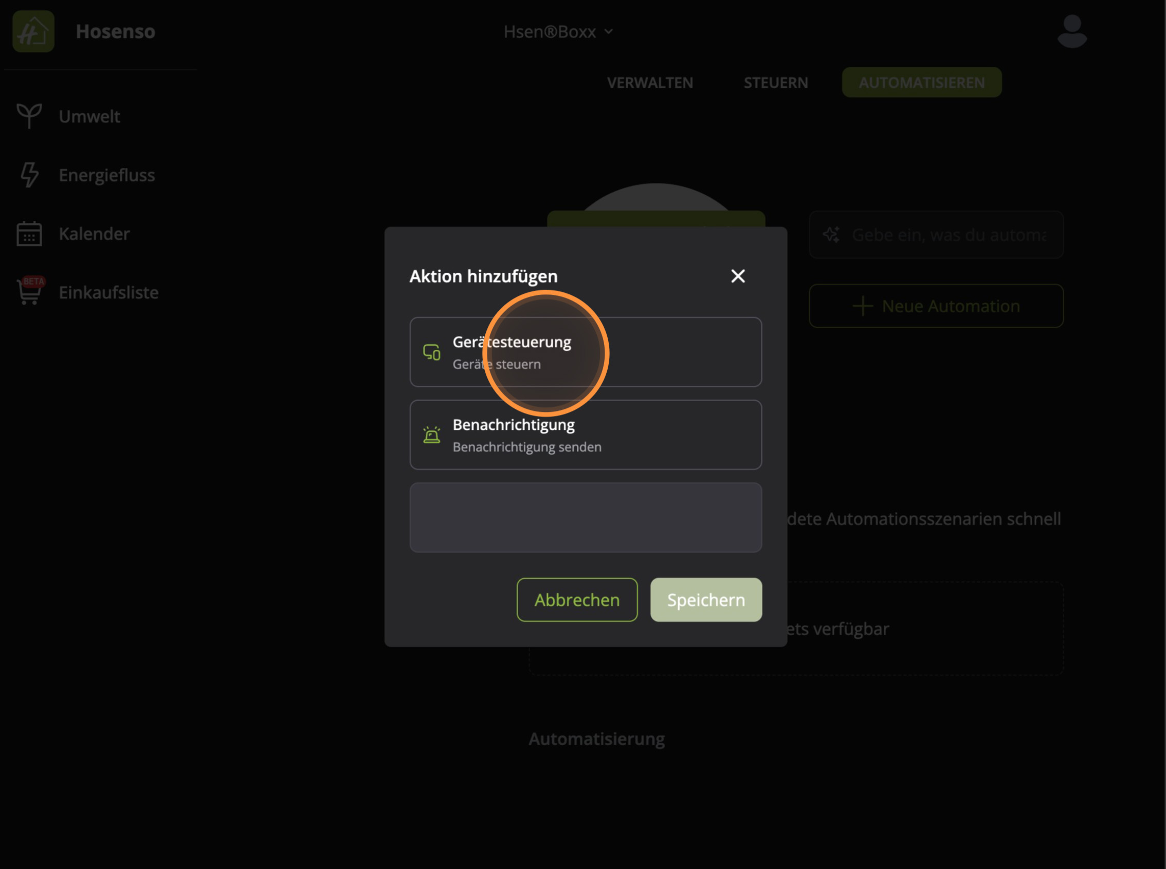 Aktion für Automatisierung Hosenso App – Auswahl zwischen Gerätesteuerung und Benachrichtigung