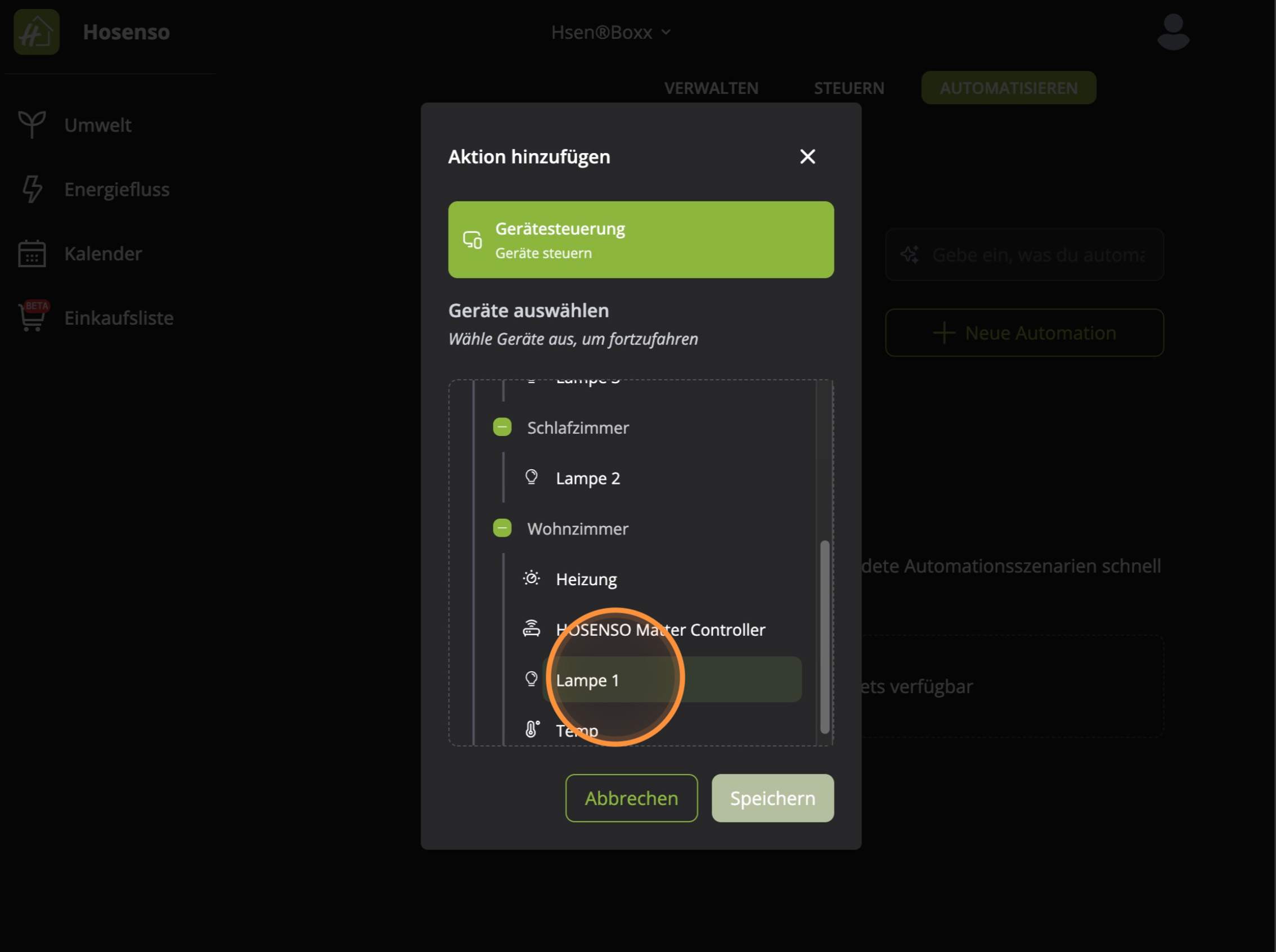 Geräteauswahl für Automatisierung Hosenso App mit Räumen Schlafzimmer und Wohnzimmer