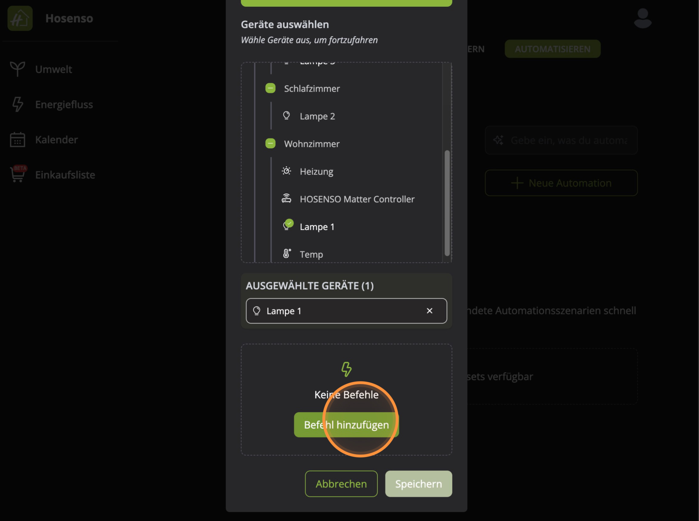 Ausgewählte Geräte mit Lampe 1 und Button Befehl hinzufügen