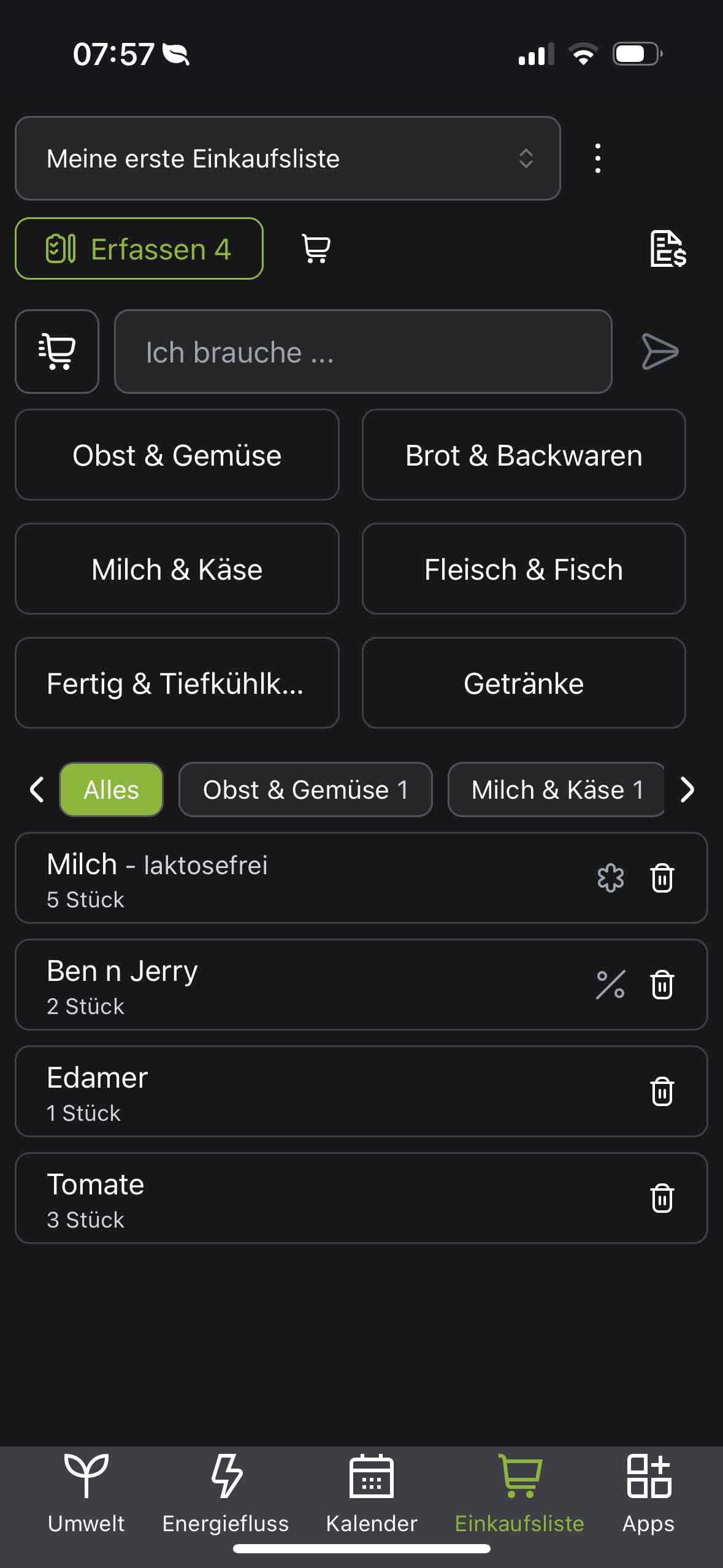 Geteilte Einkaufsliste in der Hosenso App