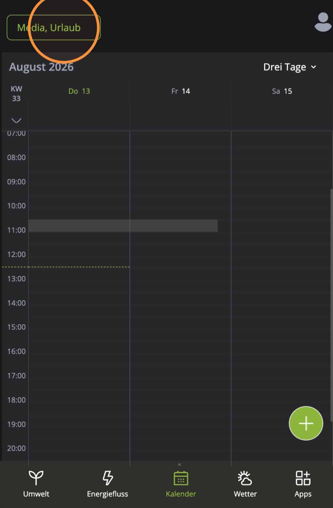 Kalender teilen Hosenso App – Kalenderansicht mit Kalenderauswahl oben links