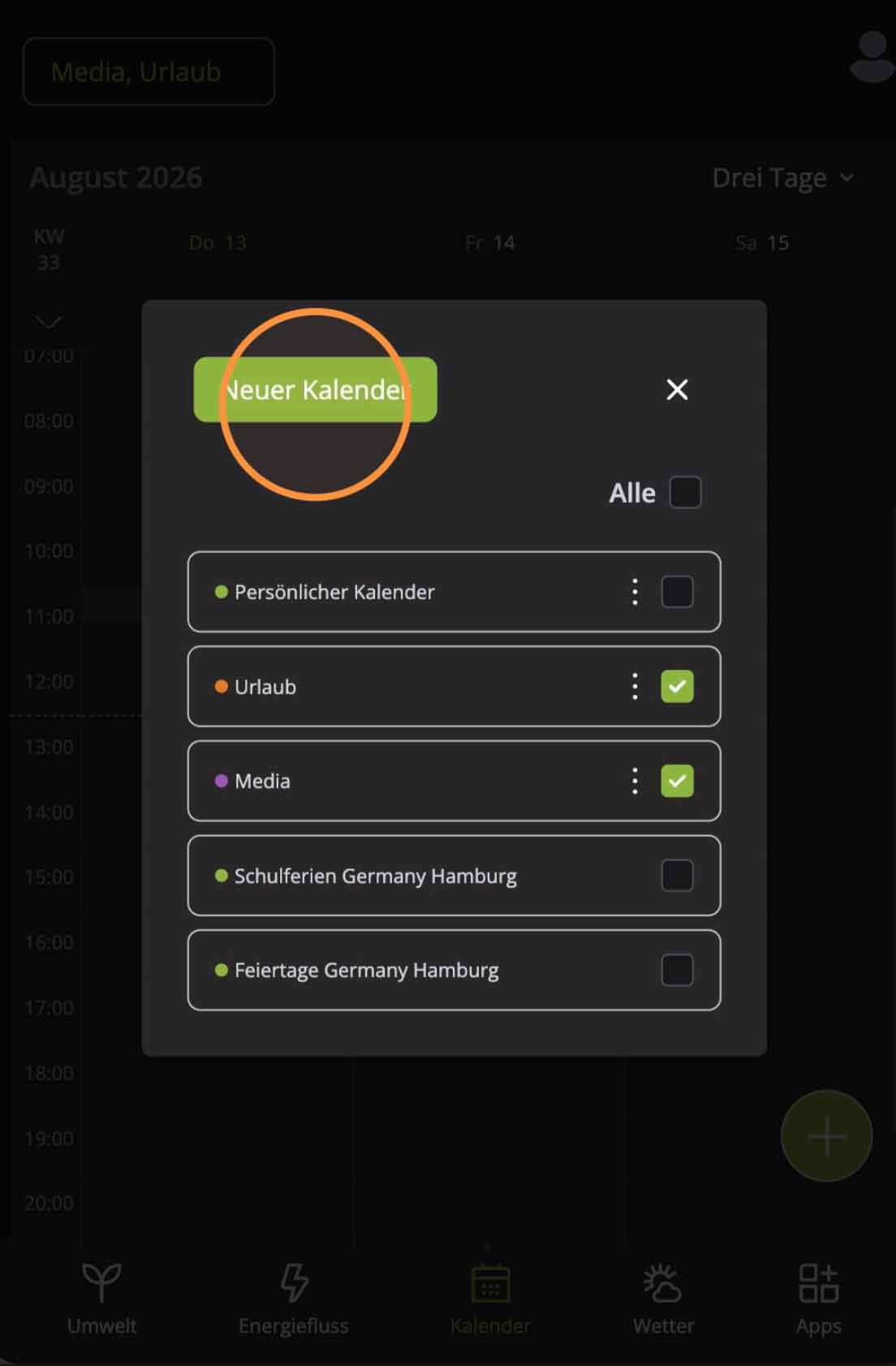 Kalenderübersicht der Hosenso App mit Button Neuer Kalender