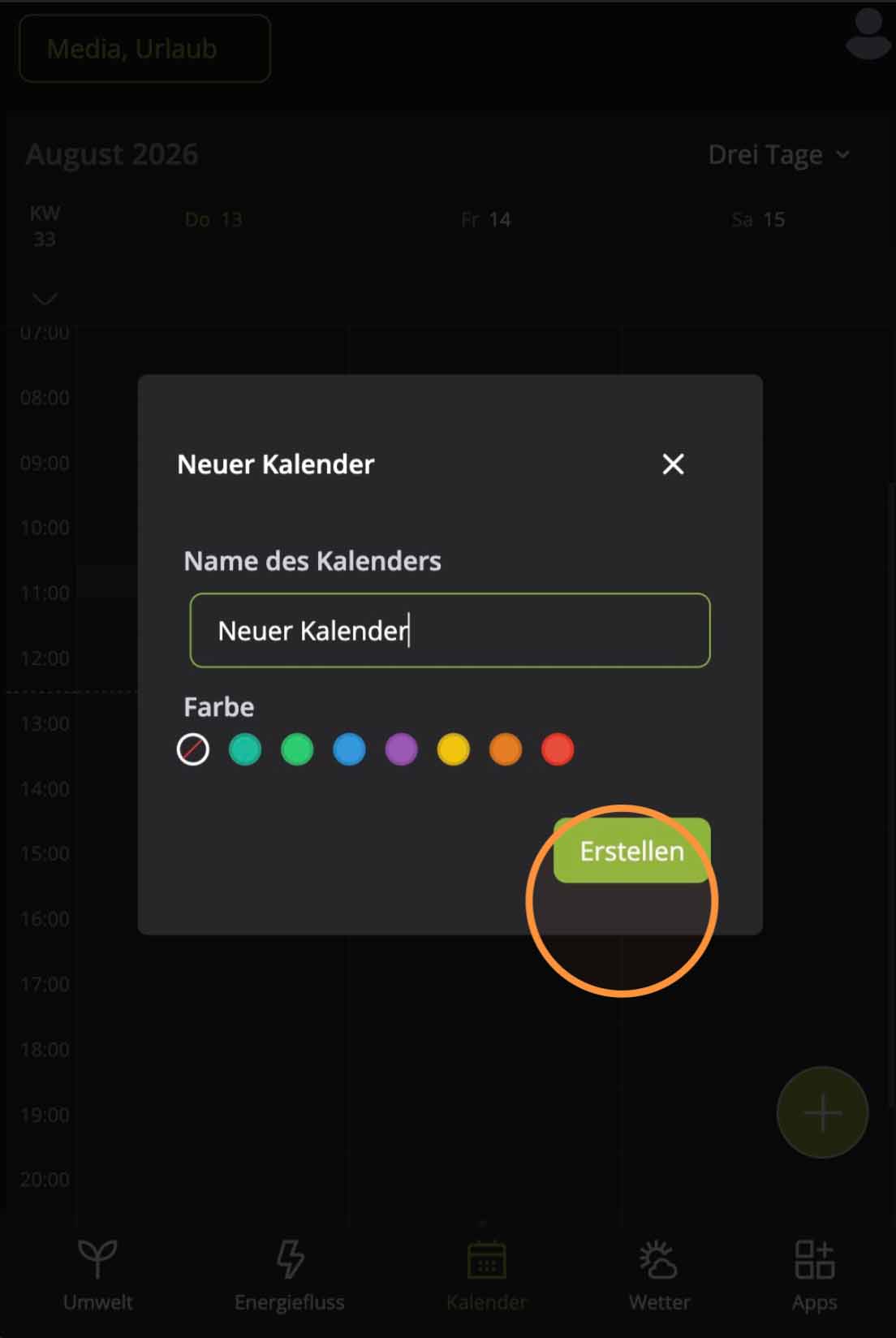 Dialog Neuer Kalender in der Hosenso App mit Namensfeld und Farbauswahl