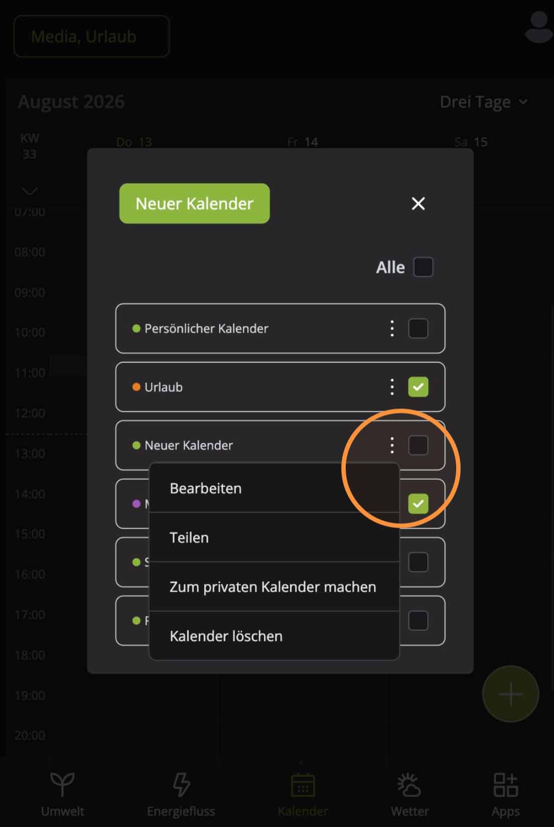 Kontextmenü eines Kalenders in der Hosenso App mit Bearbeiten Teilen und Löschen
