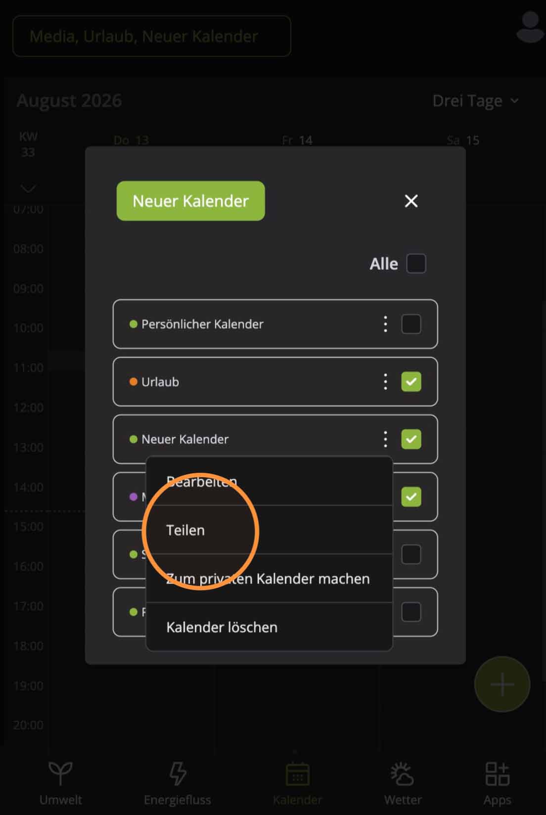 Menüpunkt Teilen im Kalendermenü der Hosenso App