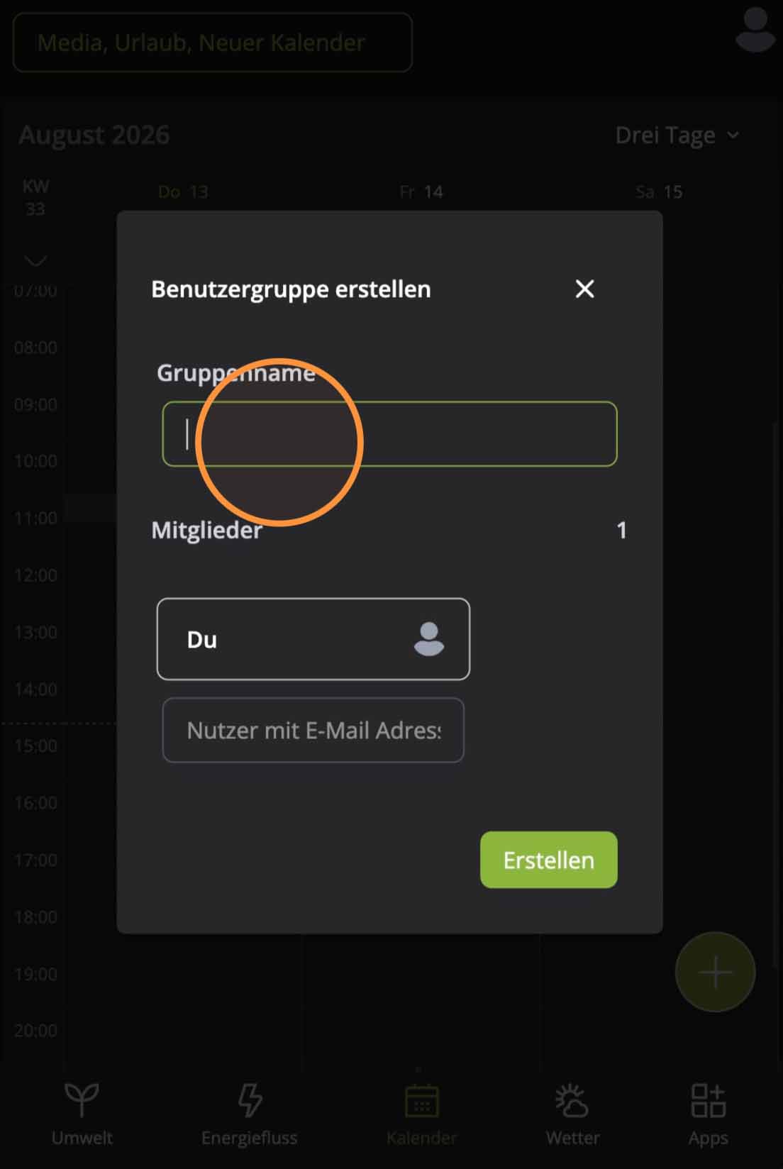 Benutzergruppe erstellen Hosenso App – Eingabefeld für den Gruppennamen