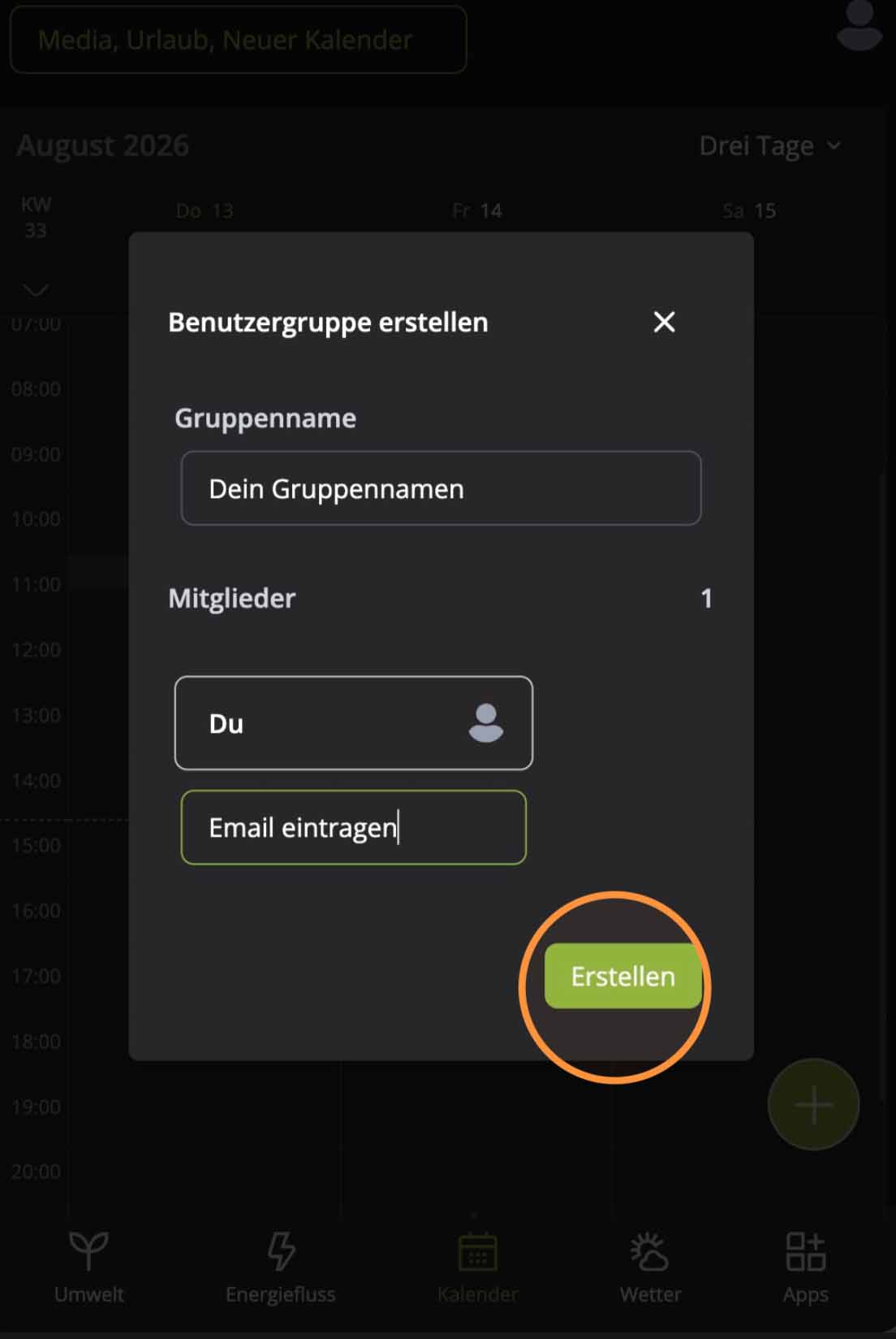 Fertig ausgefüllte Benutzergruppe in der Hosenso App mit Button Erstellen