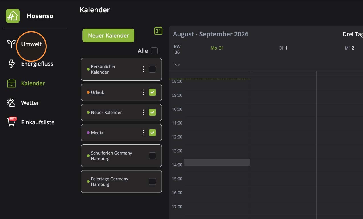 Hsen Boxx auf Werkseinstellungen zurücksetzen – Navigation zum Bereich Umwelt in der Hosenso App