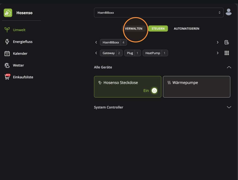 Geräteübersicht der Hosenso App mit den Reitern Verwalten Steuern und Automatisieren