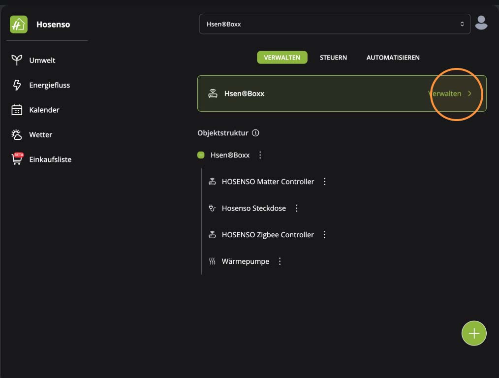 Objektstruktur der Hsen Boxx in der Hosenso App mit Link Verwalten