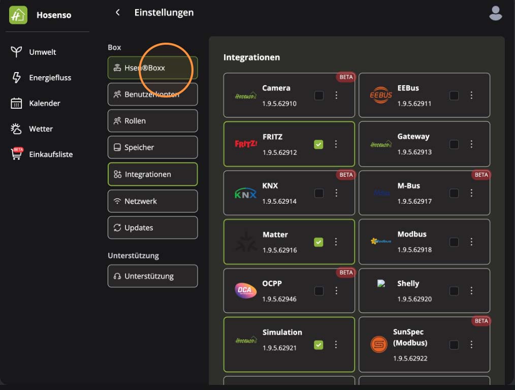 Übersicht der Integrationen in der Hosenso App mit Matter FRITZ KNX und Modbus