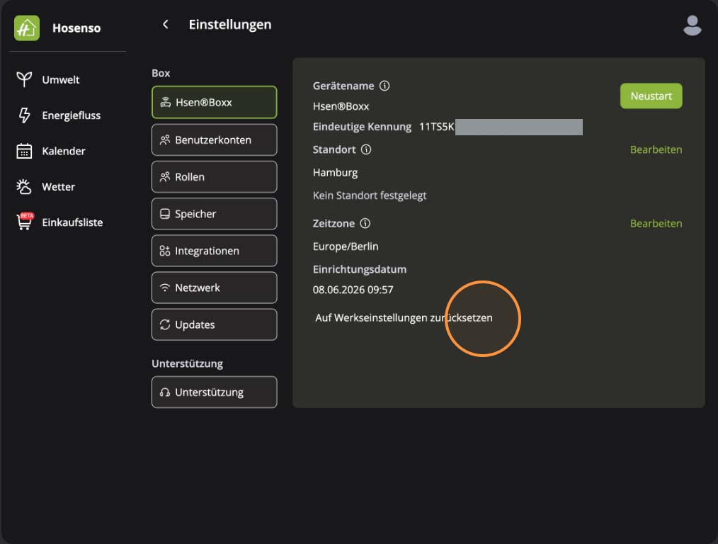 Box Einstellungen mit dem Link Auf Werkseinstellungen zurücksetzen in der Hosenso App