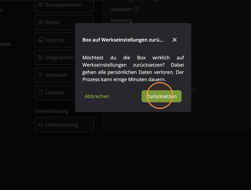 Bestätigungsdialog Box auf Werkseinstellungen zurücksetzen in der Hosenso App