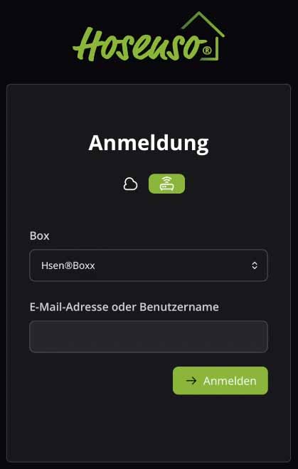 Hosenso App Anmeldung mit Box-Auswahl für die lokale Kopplung