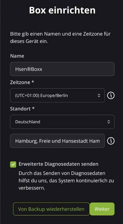 Hosenso App Grundeinstellungen mit Name Zeitzone und Standort