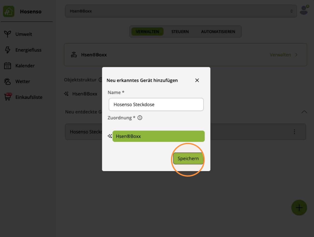 Hosenso App: Dialog Neu erkanntes Gerät hinzufügen, markiert ist die Schaltfläche Speichern