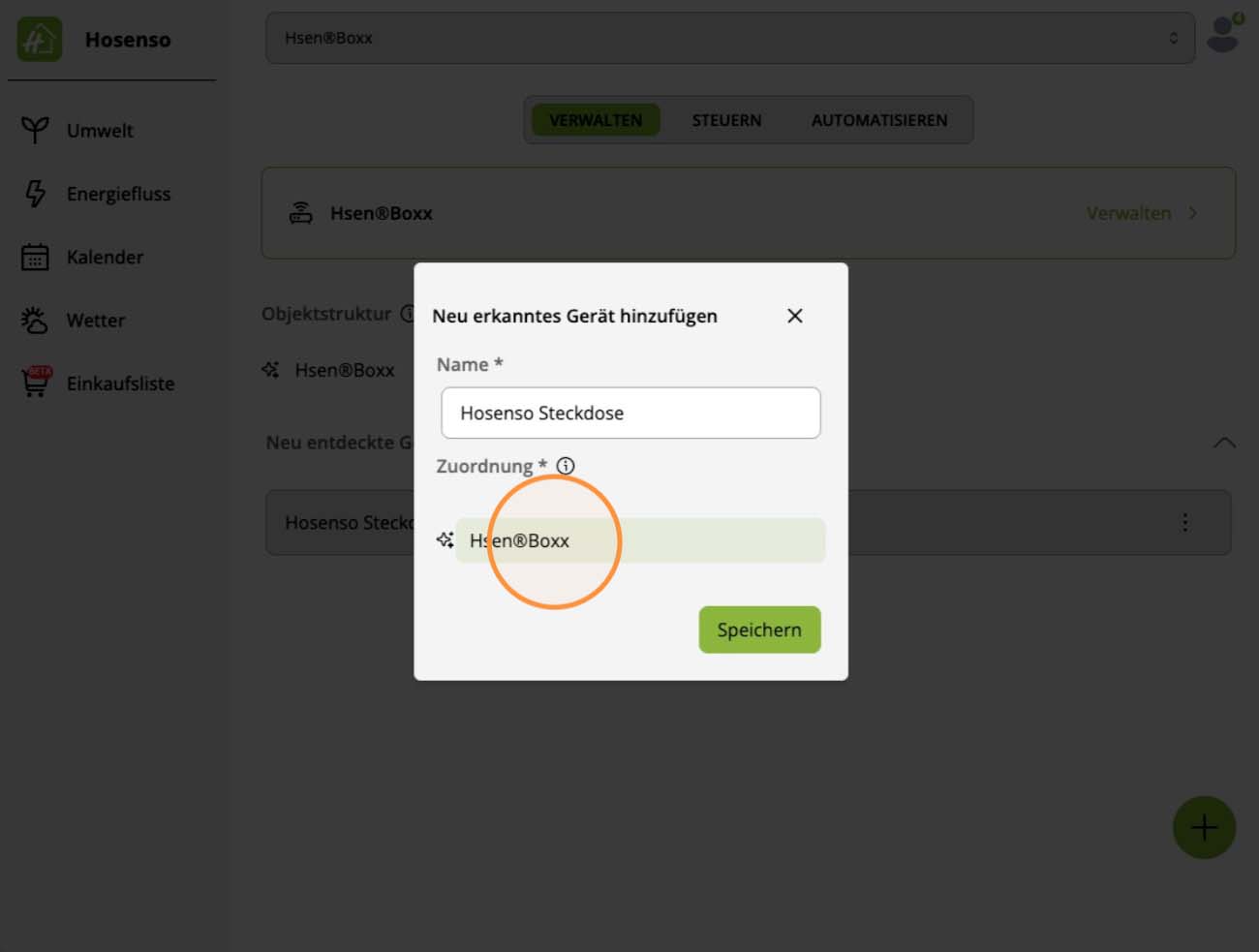 Hosenso App: Dialog Neu erkanntes Gerät hinzufügen mit Name und Auswahl der Zuordnung HsenBoxx