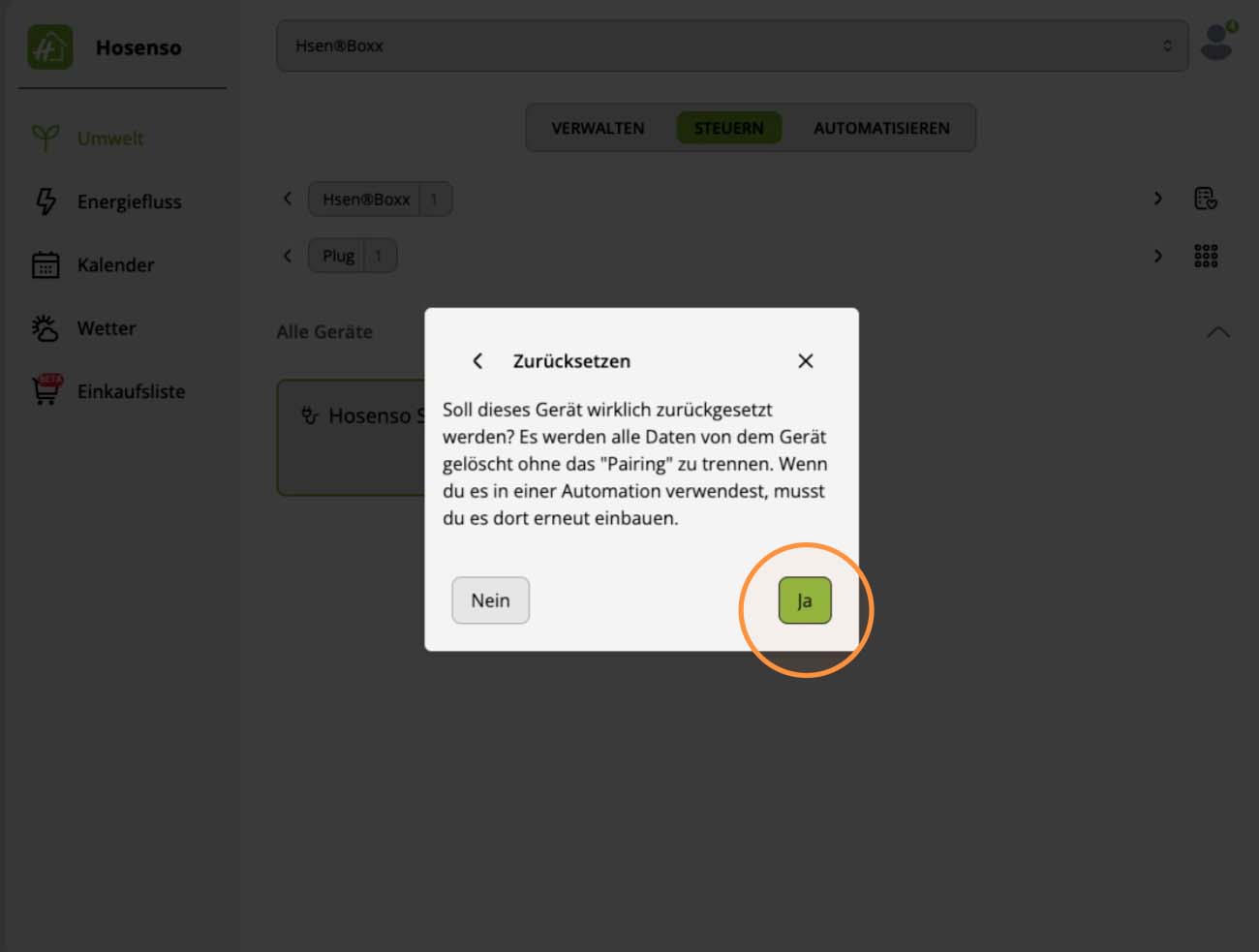 Hosenso App: Sicherheitsabfrage zum Zurücksetzen des Geräts mit den Optionen Nein und Ja
