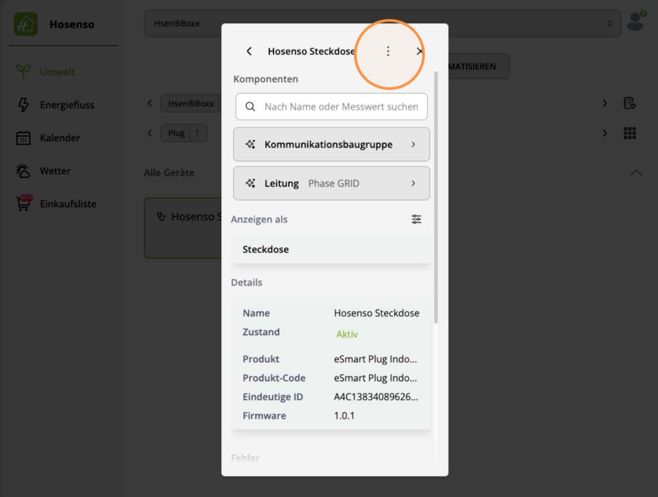 Hosenso App: Gerätedetails der Steckdose mit Drei-Punkte-Menü oben rechts