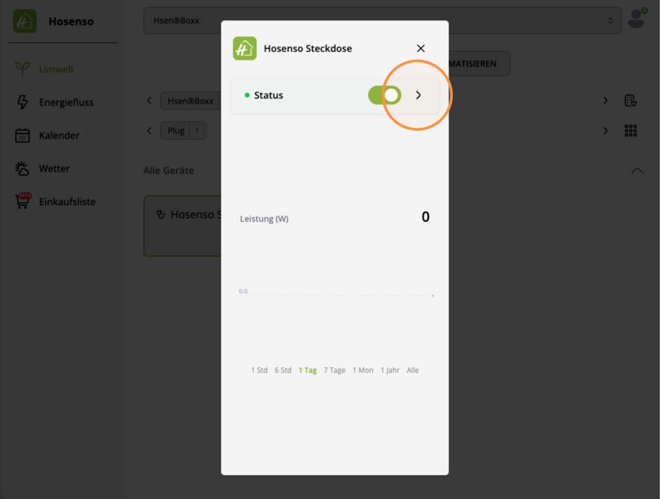 Hosenso App: Schnellansicht der Steckdose mit Status-Schalter und Pfeil zu den Gerätedetails